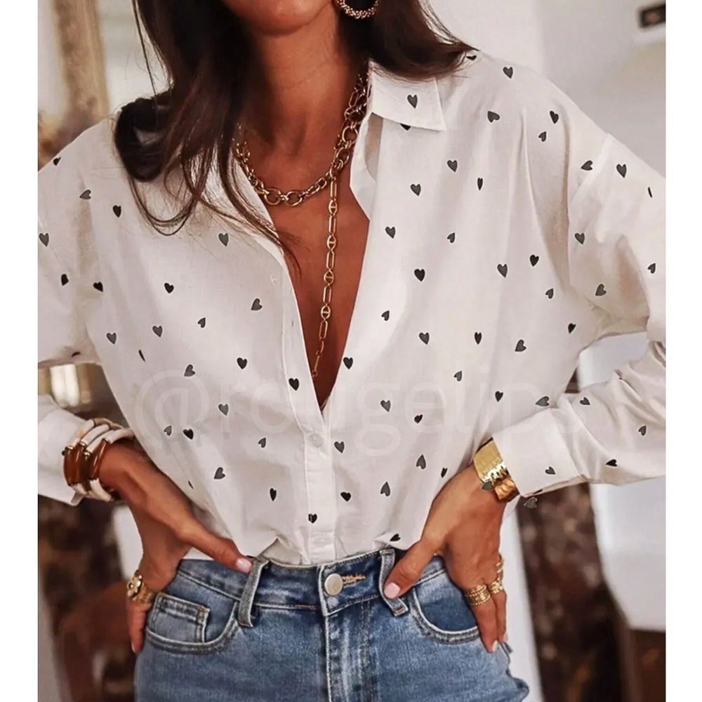 White Casual Shirt Black Hearts Button Down Up Long Sleeve